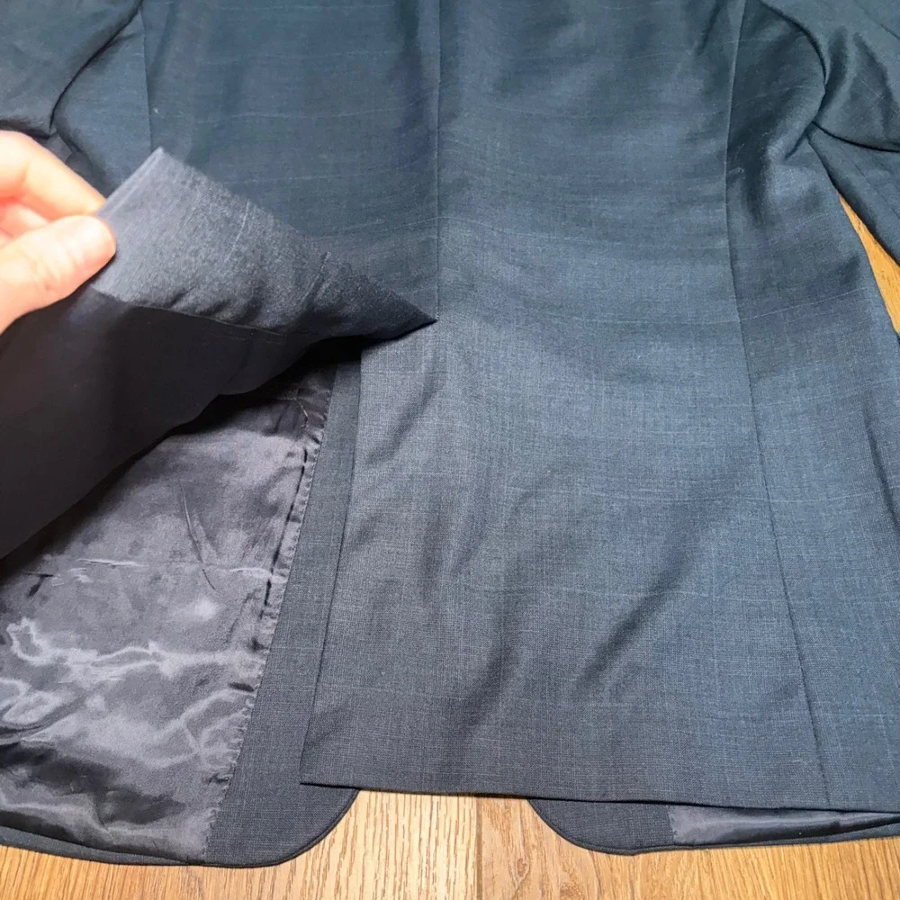 Lauren Ralph Lauren Mens 44L 100% Wool Navy Blue Windowpane Blazer Union Made